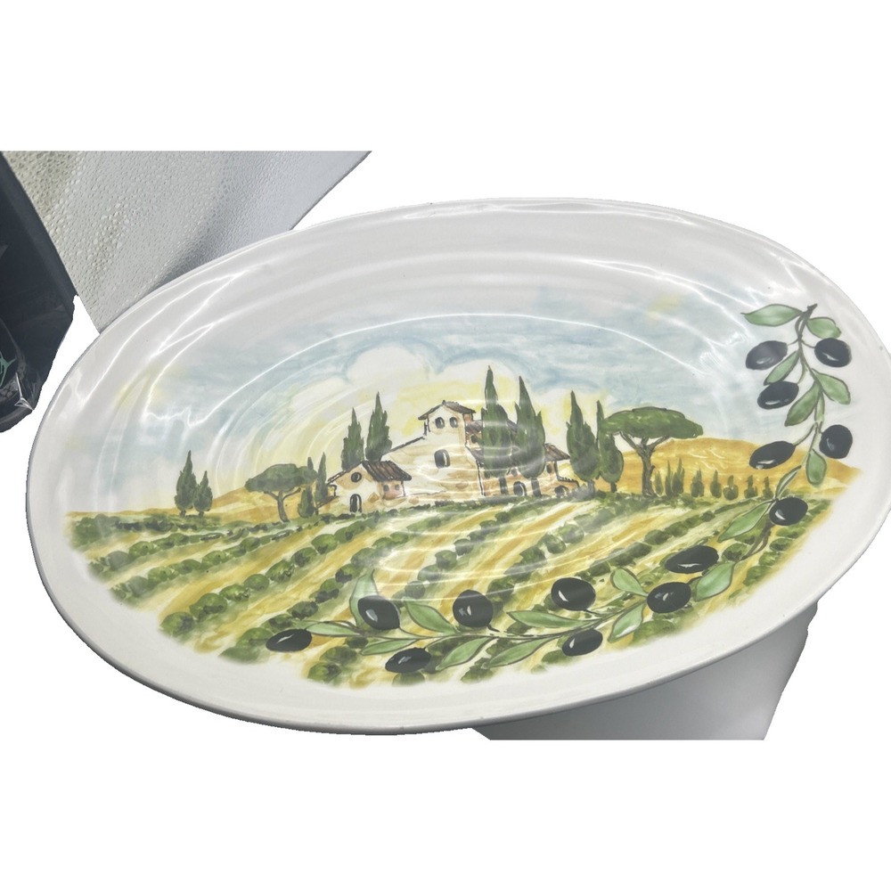 Italian Pottery 18" Oval Platter Tuscan Farmhouse Olive Grove. Ceramica Cuore